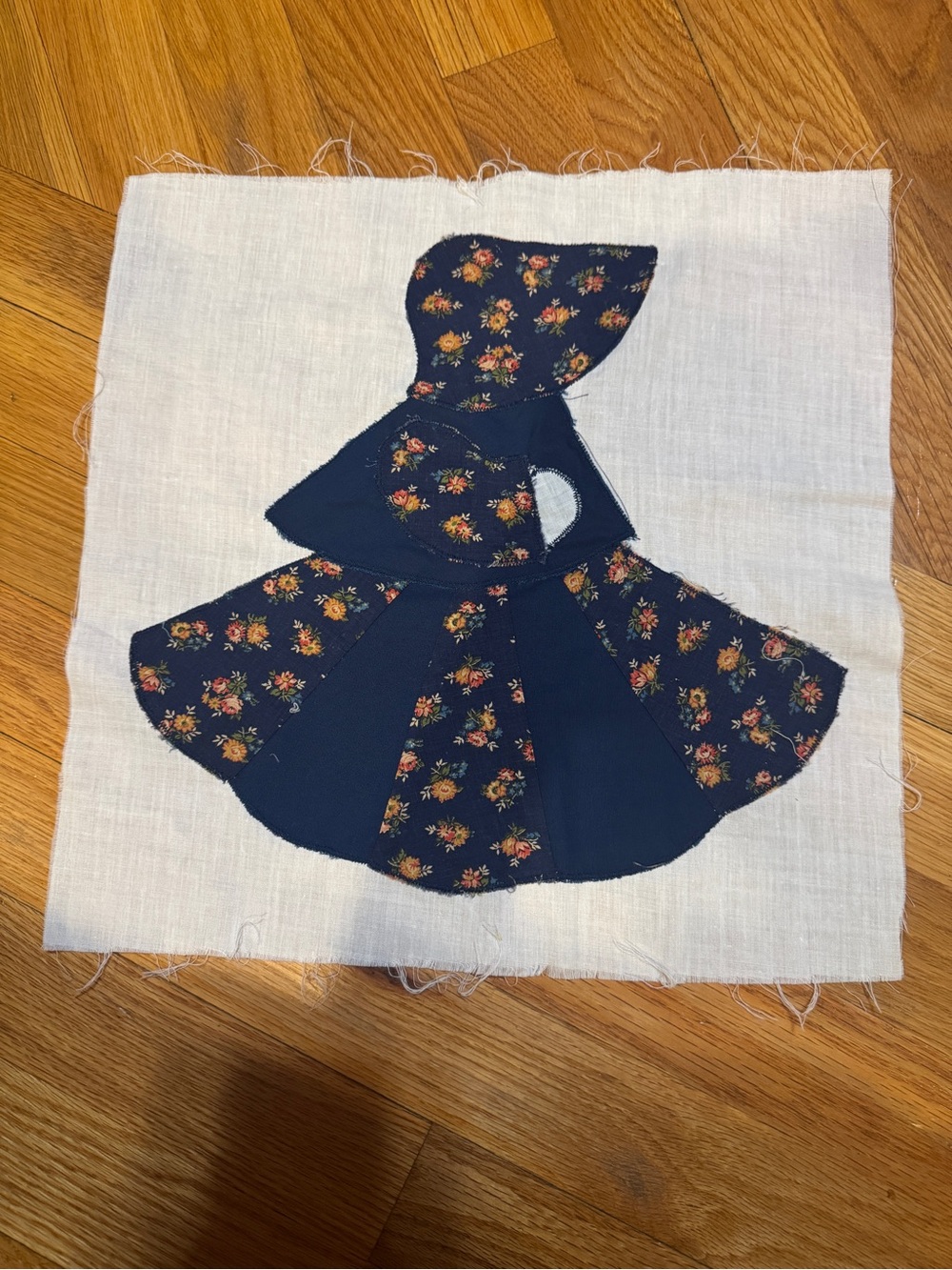 Navy Floral Appliqué Sunbonnet Girl Fabric Square